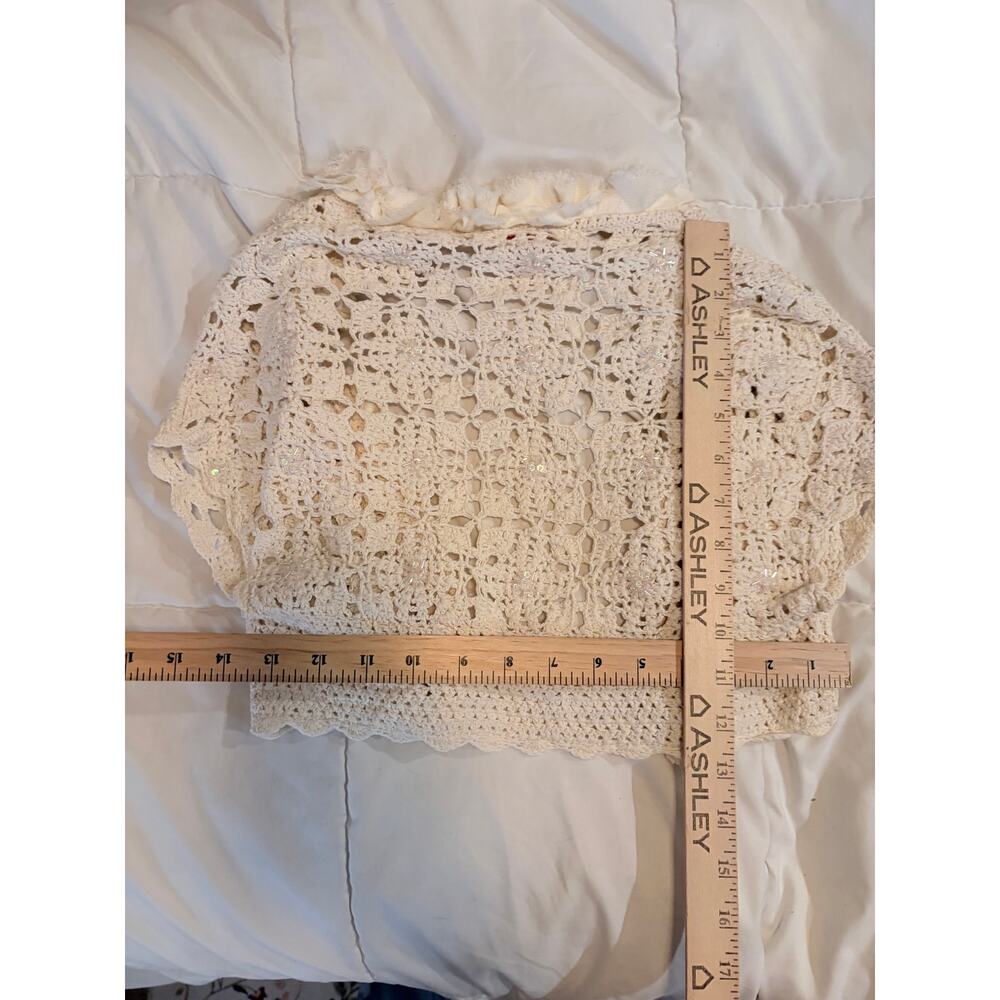 Vintage Y2K Betsey Johnson M/L Cream Crochet Cardigan Beaded Ruffle Boho - Picture 6 of 7